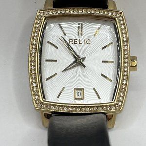 Relic Ladies  Rhinestone Gold Tone Rectangular Bezel Leather  Brown Strap
